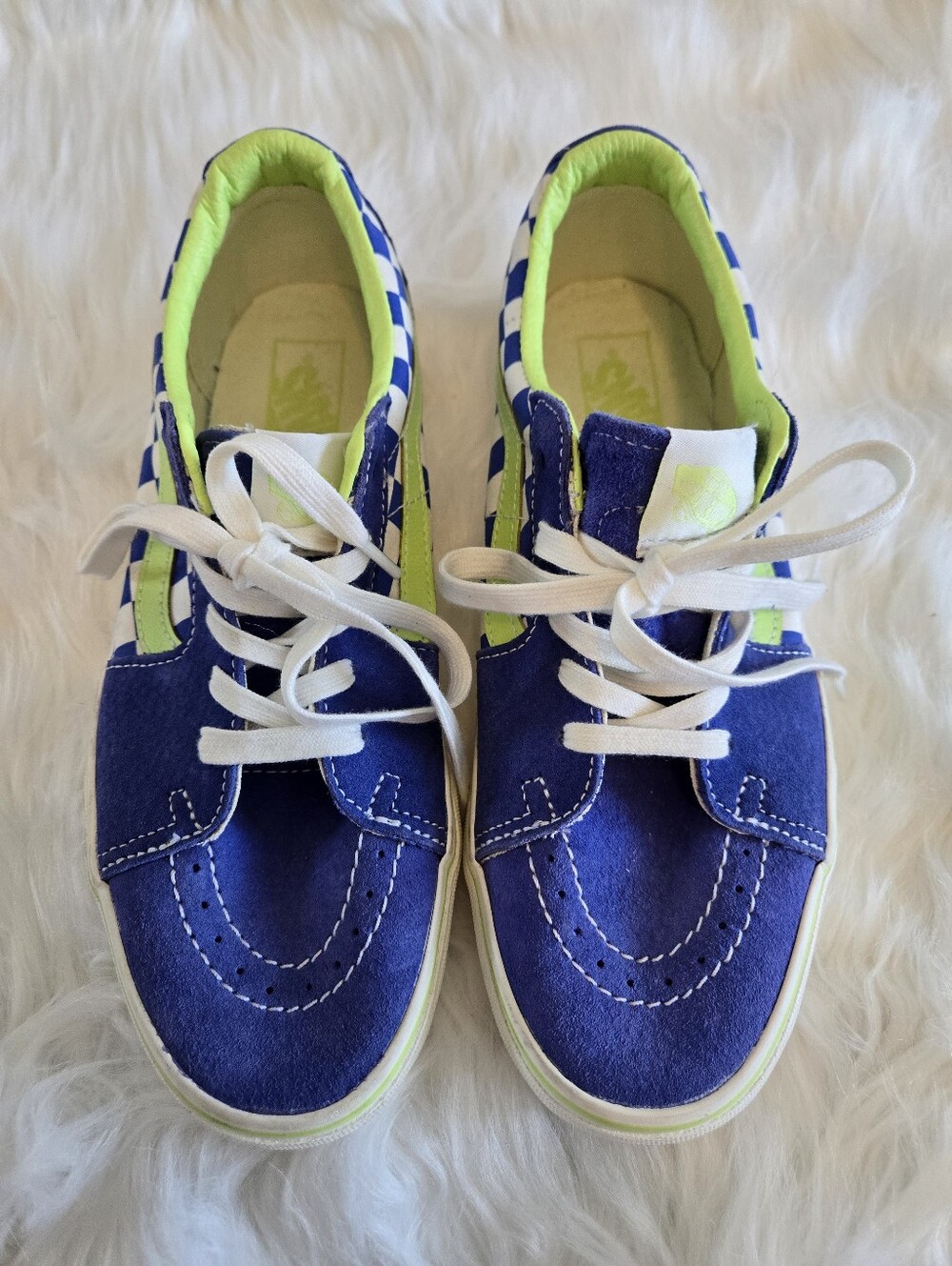 Vans Sk8-Low Checkerboard Blue Neon Green Suede Sneakers Women's Size 9.5 Men 8